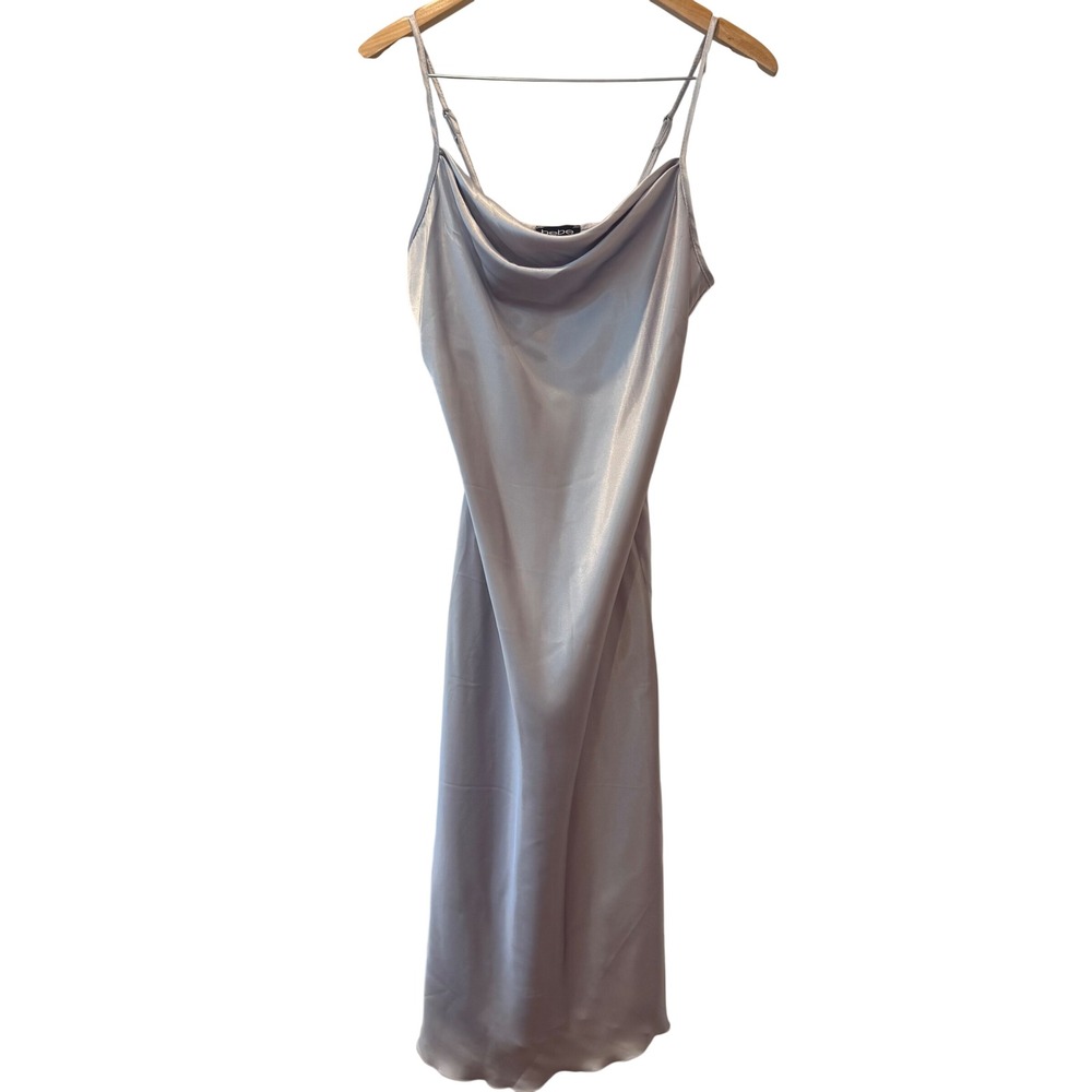 Vintage 90s Y2K Bebe Silver Satin Cowl‎ Neck Midi Slip Dress Wedding  Clubwear